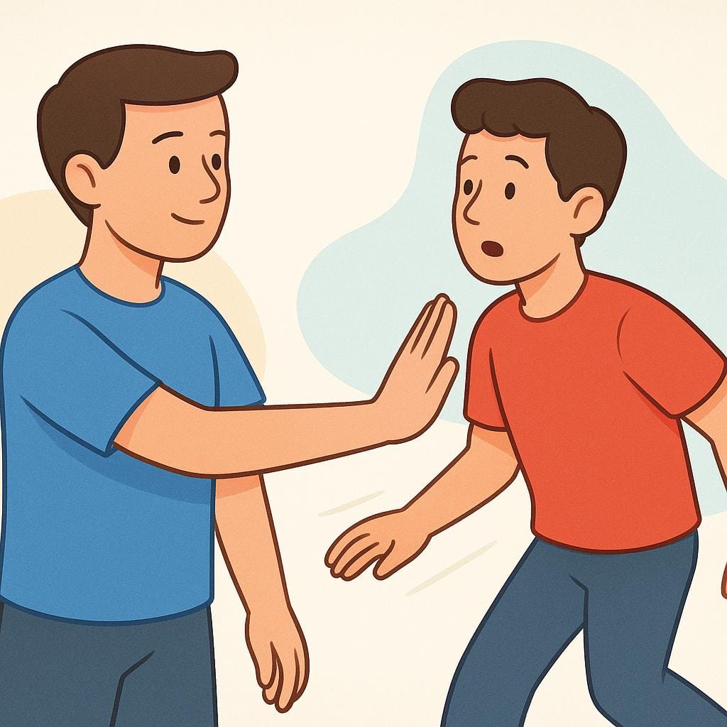 Uma ilustração de livro de histórias de alta qualidade mostrando uma pessoa com uma camisa azul colocando firmemente uma mão no peito de uma segunda pessoa com uma camisa vermelha, impedindo fisicamente o movimento para a frente da segunda pessoa.