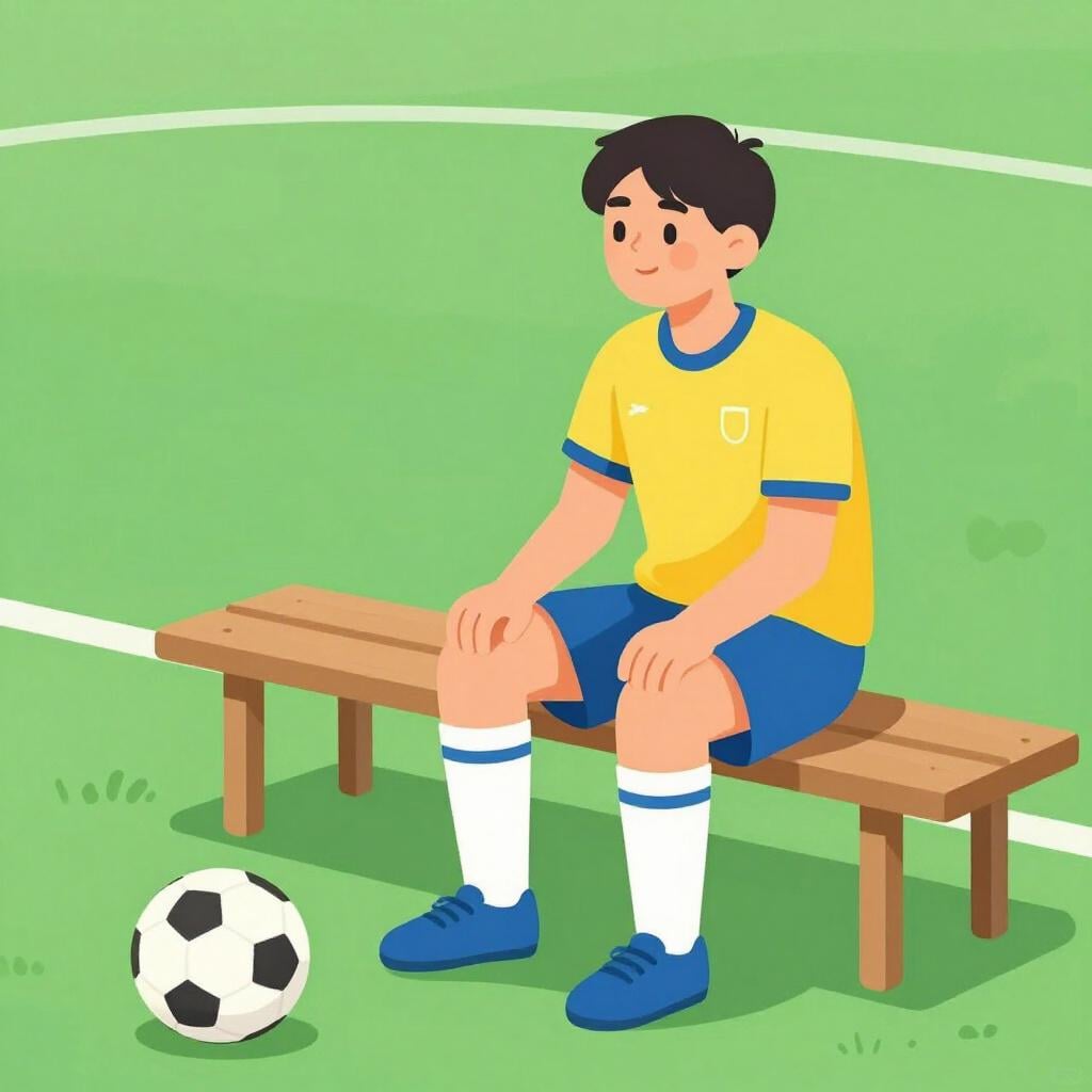 A soccer player in a colorful jersey sitting on a bench, ready to enter the game to replace a teammate.