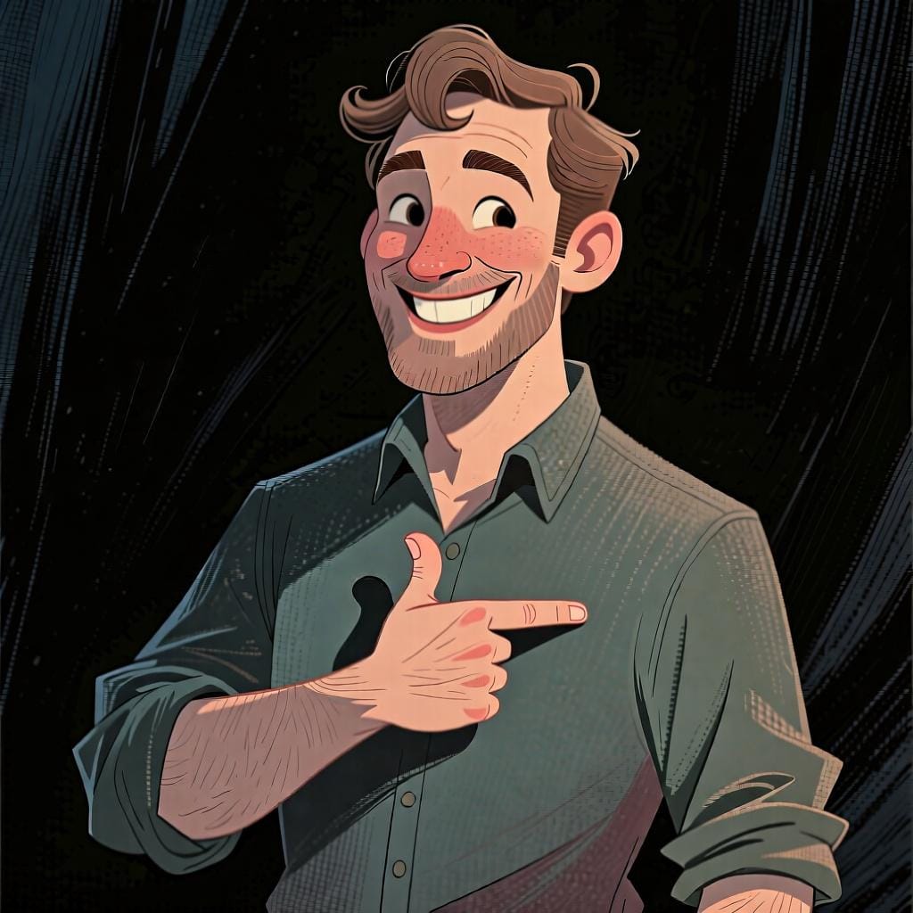 Een man wijst naar zichzelf, wat het voornaamwoord 'hij' of 'hem' voorstelt.