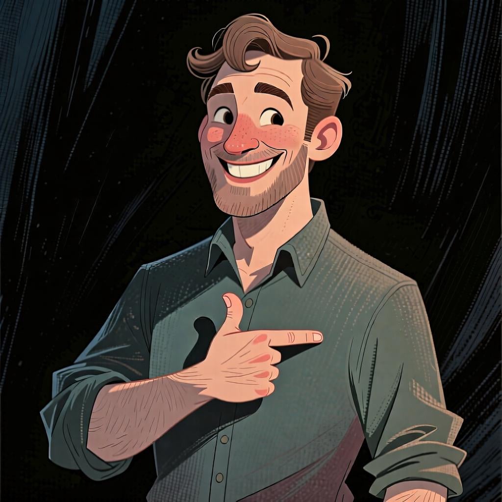 A man pointing to himself, representing the pronoun 'he' or 'him'.