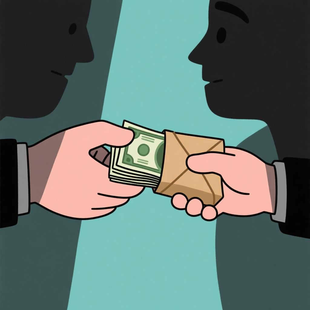 Two shadowy hands meeting to secretly exchange a roll of cash hidden inside a plain brown package, symbolizing an illegal transaction.