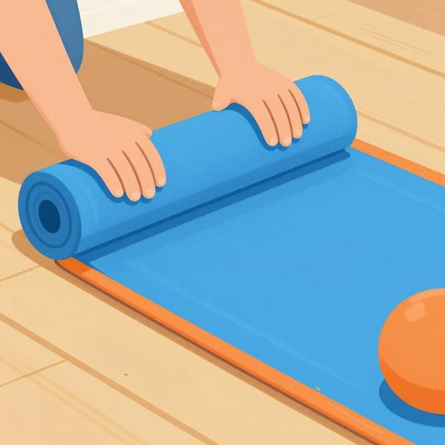 A pair of hands neatly rolling up a colorful woven rug on a wooden floor.