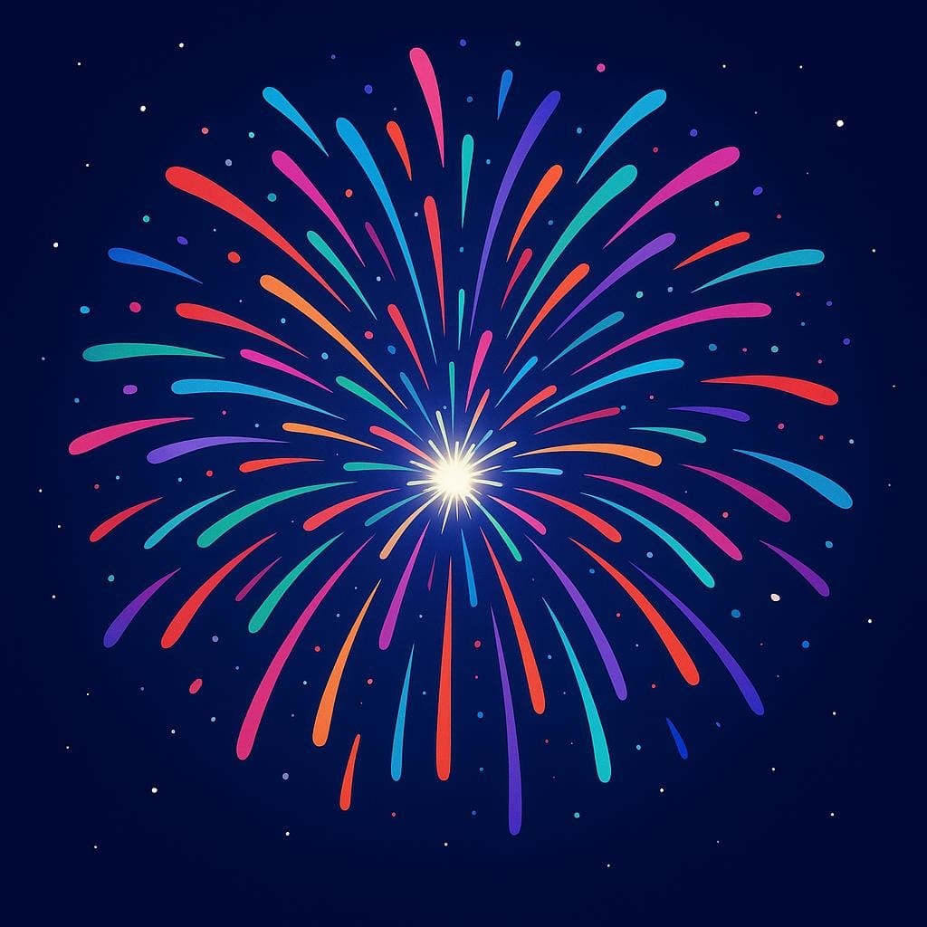 A simple illustration of a gigantic, brilliant firework exploding with vibrant colors against a dark background, conveying amazement.