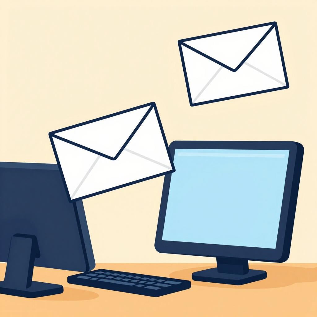 A white envelope with a red arrow pointing backwards away from a computer screen.