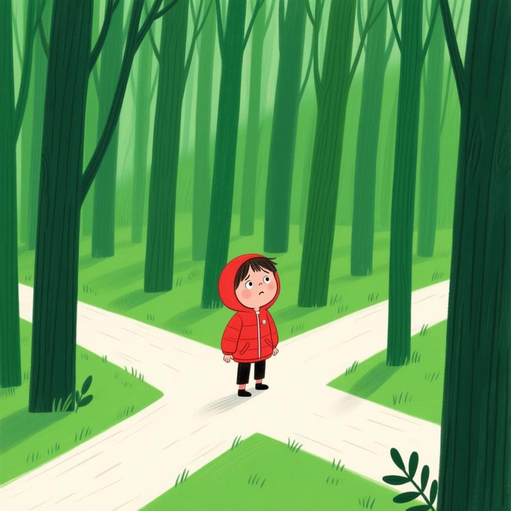 A small child standing alone and looking confused in a vast, dense green forest, symbolizing being physically lost.