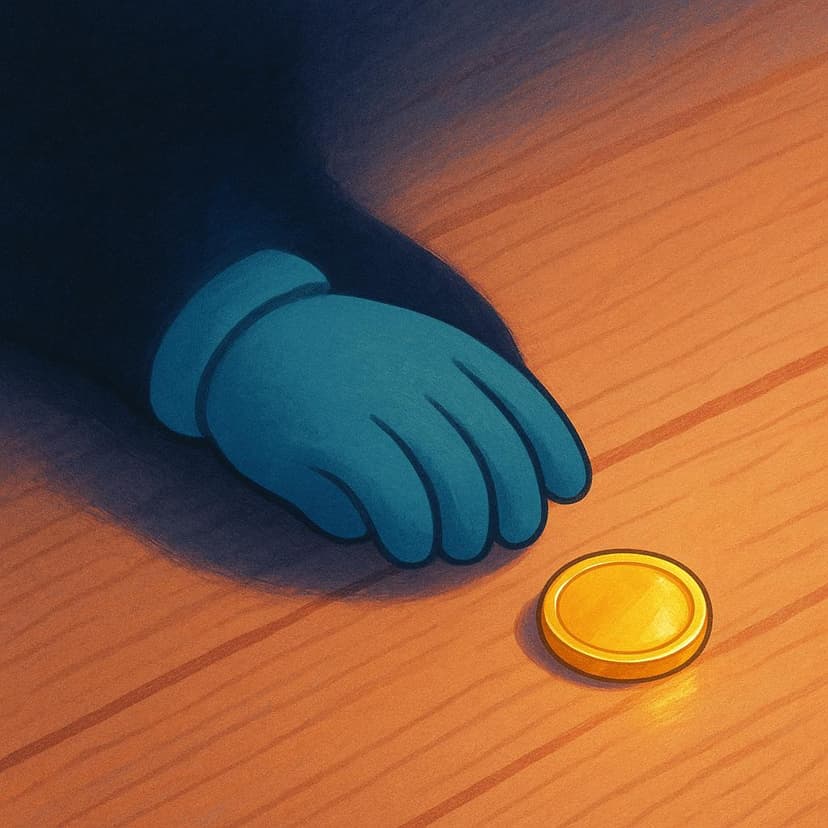 A small figure wearing a dark mask secretly slips a single shiny gold coin into a sack, illustrating the act of theft.