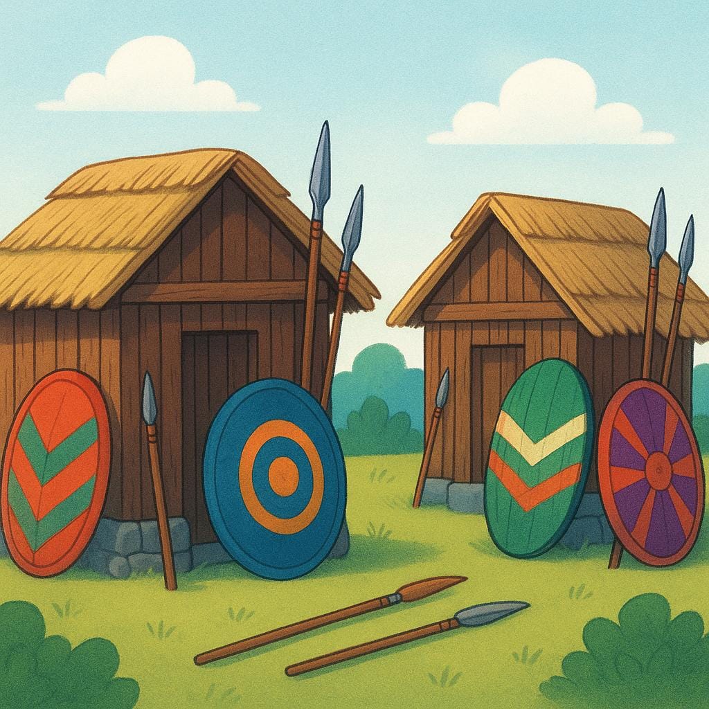 Eine vereinfachte Bilderbuchillustration einer kleinen Siedlung, bei der mehrere große Schilde und Speere prominent an Holzstrukturen gelehnt sind.