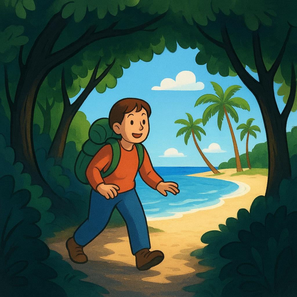 A lone traveler who has finished a long, winding path suddenly arriving at a beautiful, unexpected oasis in a desert landscape.