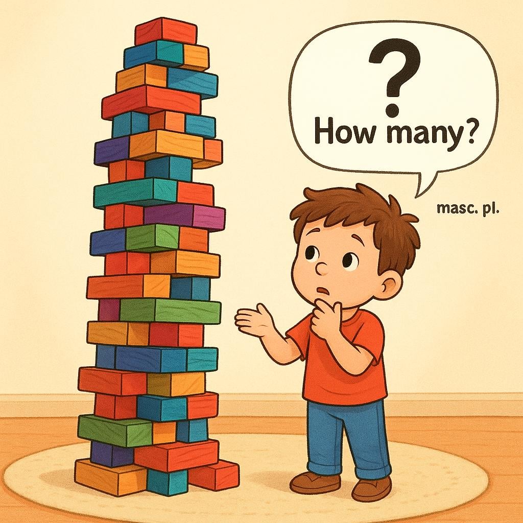 A small child standing next to an enormous, colorful stack of wooden building blocks, looking overwhelmed or curious about the total quantity.