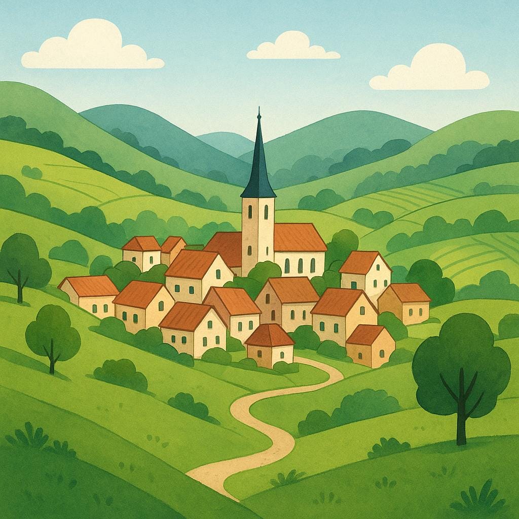 A storybook illustration showing a cozy, medium-sized settlement nestled in a valley, featuring several houses and a central building.