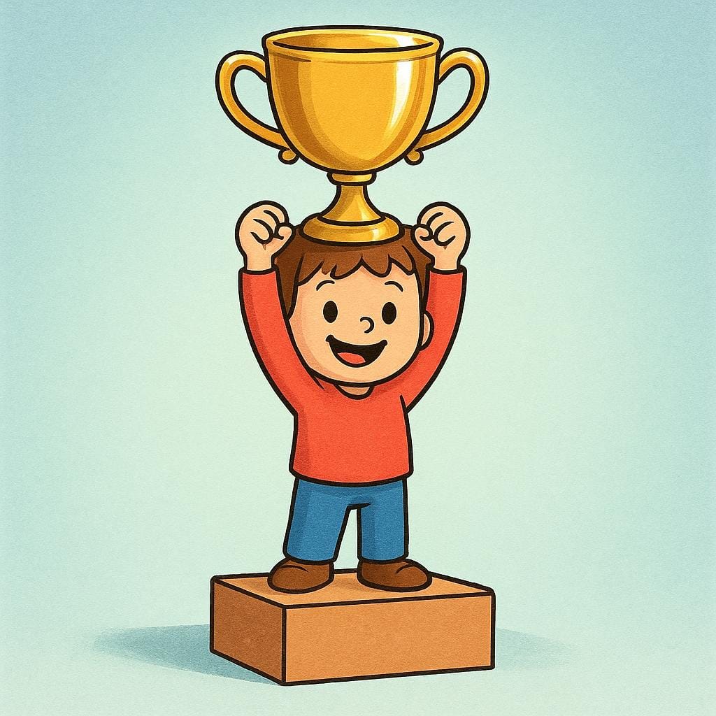 A smiling, triumphant character stands on a small, simple winner's podium, holding a large, shiny gold trophy high above their head.