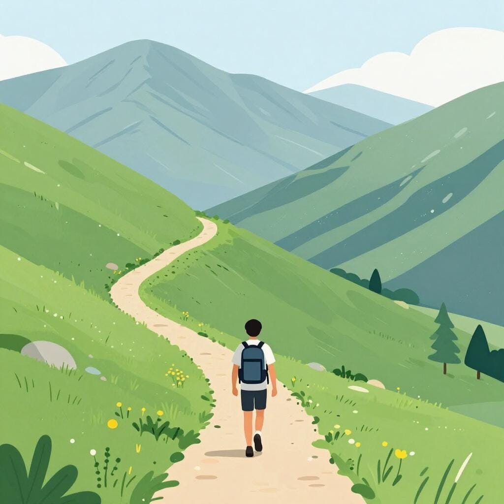 A hiker walking down a steep mountain path toward a valley.