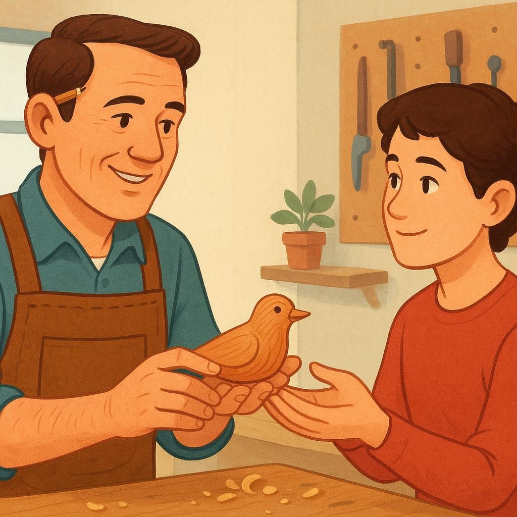 A skilled carpenter confidently handing a perfectly crafted wooden object to another person, who looks at the object with clear trust and admiration, symbolizing a good reputation.