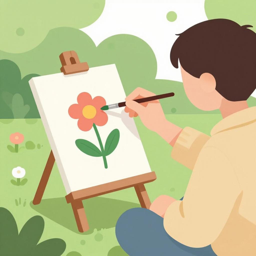 A person sitting on a stool in a garden, painting on a small canvas with a basic palette.