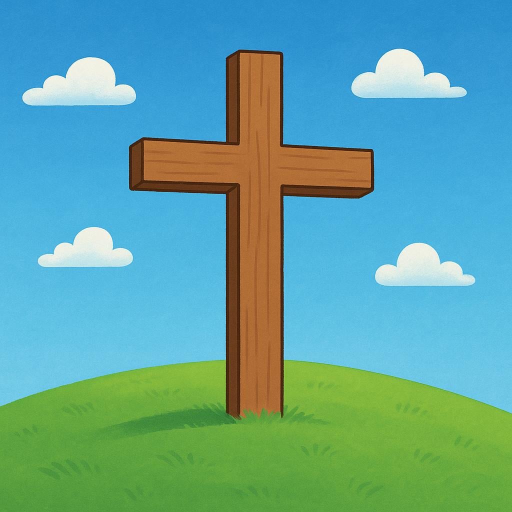 A simple, stylized illustration of a large wooden cross standing prominently on a small green hill under a bright blue sky.
