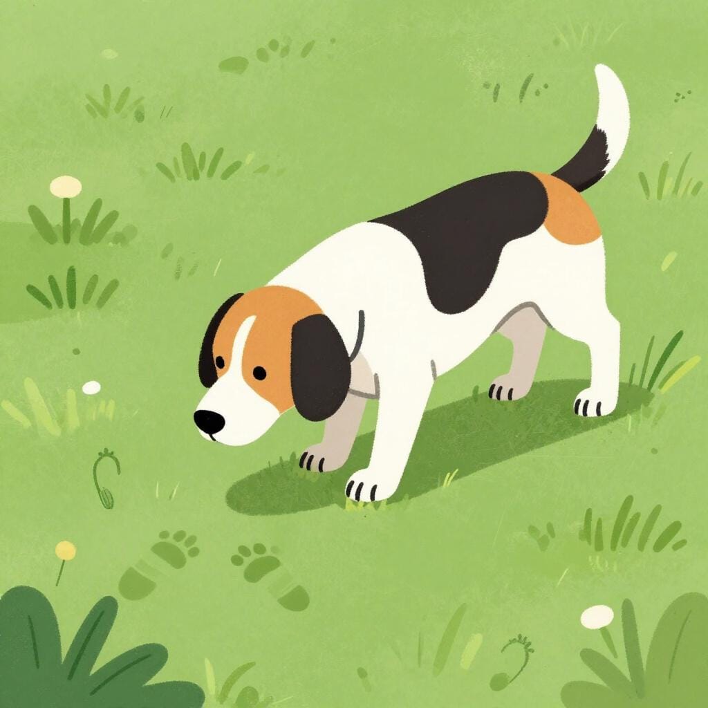 A bloodhound dog with its nose to the ground following a set of footprints in the grass.