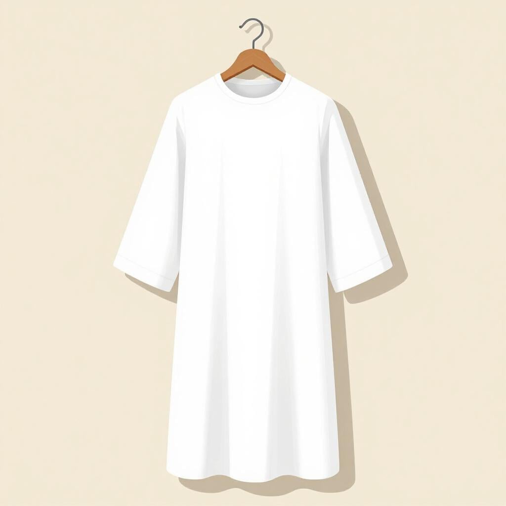 A long, white, long-sleeved linen robe hanging neatly on a wooden hanger against a simple wall.