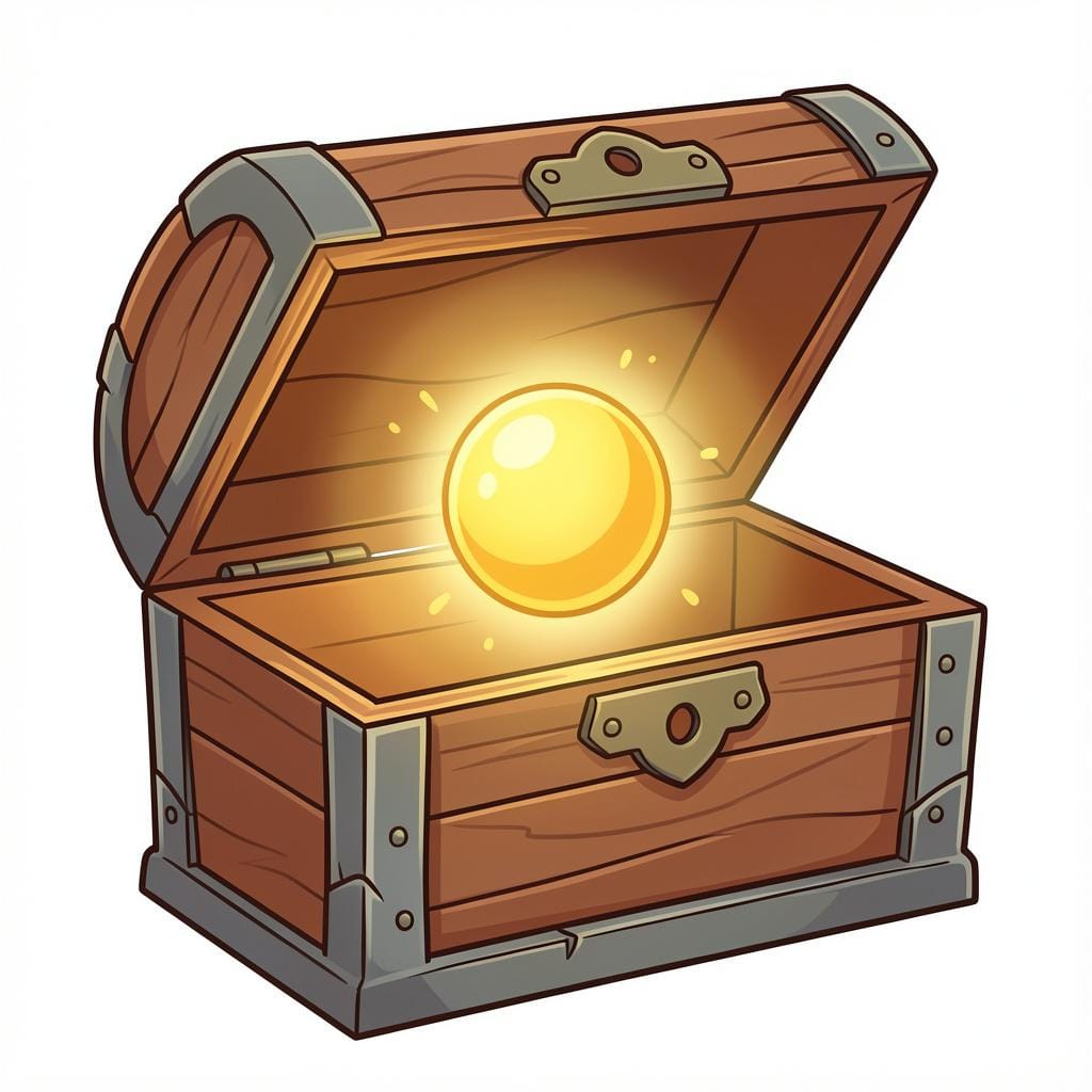 A bright glowing core inside a simple wooden treasure chest.