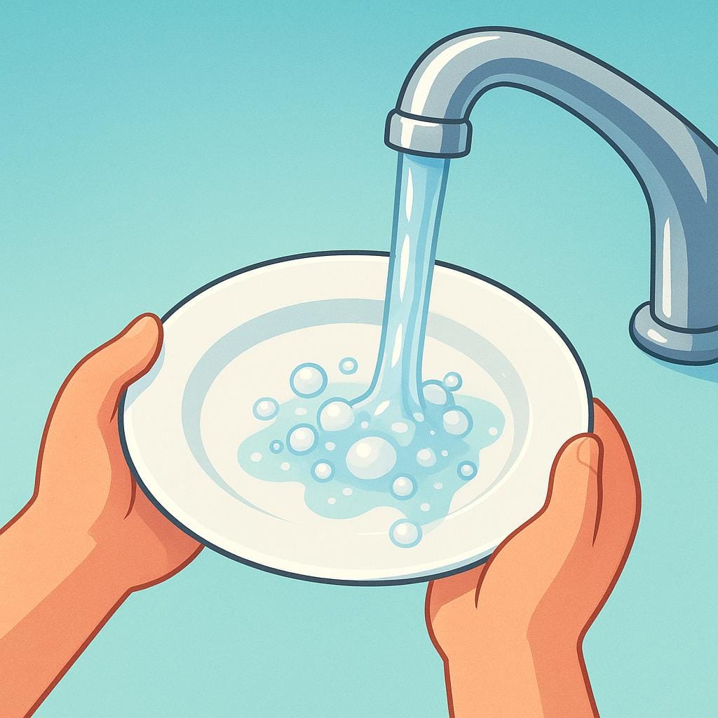 Ein Paar Zeichentrickhände hält einen einfachen weißen Teller unter einem stetigen Strahl klaren Wassers, wobei kleine Seifenblasen weggespült werden.