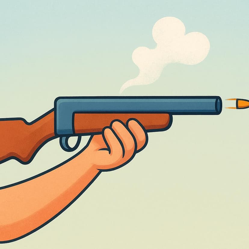 A simple drawing of a hand holding a rifle, with a puff of smoke and a projectile leaving the barrel.