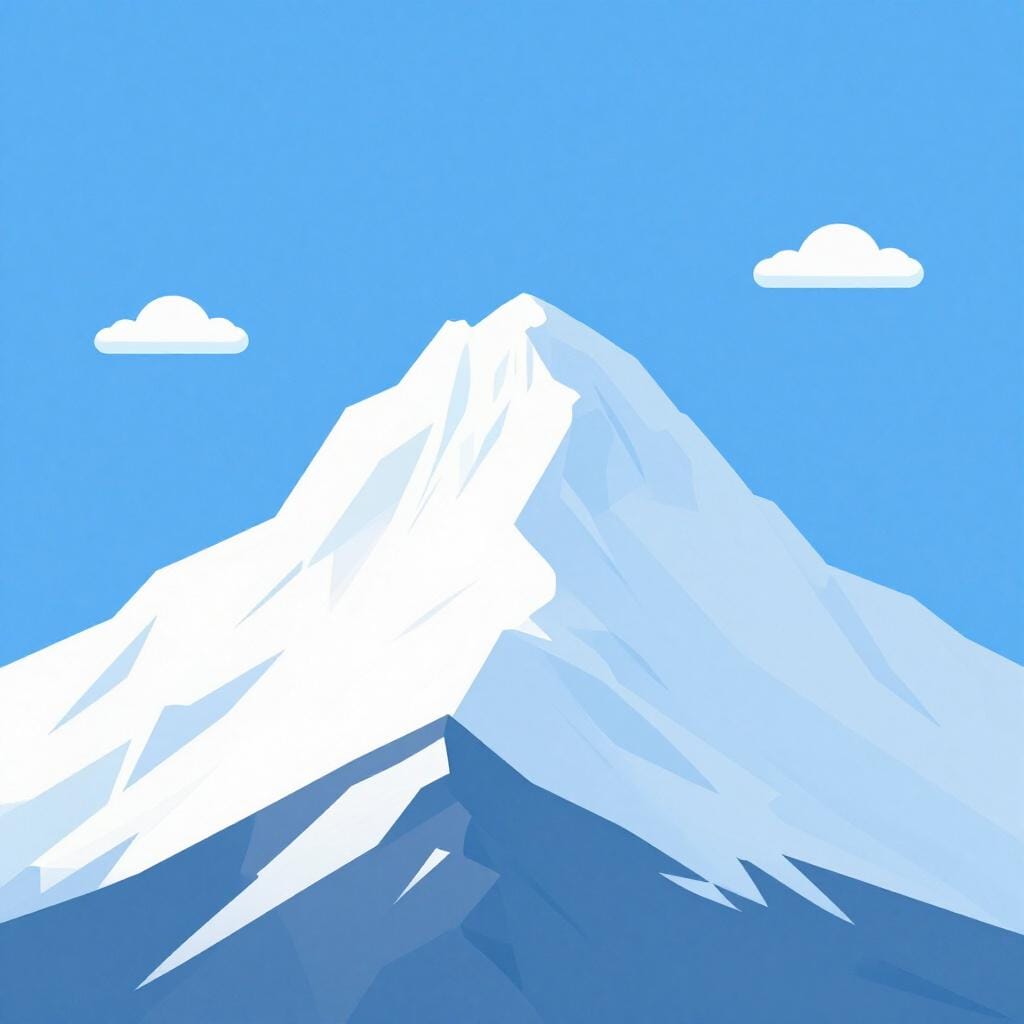 Een besneeuwde bergtop die de wolken raakt onder een helderblauwe hemel.