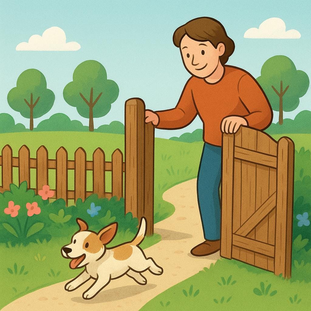 Een kinderboekafbeelding van een volwassene die een tuinpoort openhoudt, waardoor een kleine hond erdoorheen kan rennen, wat het concept van toestemming in het verleden of 'vroeger toestaan' illustreert.