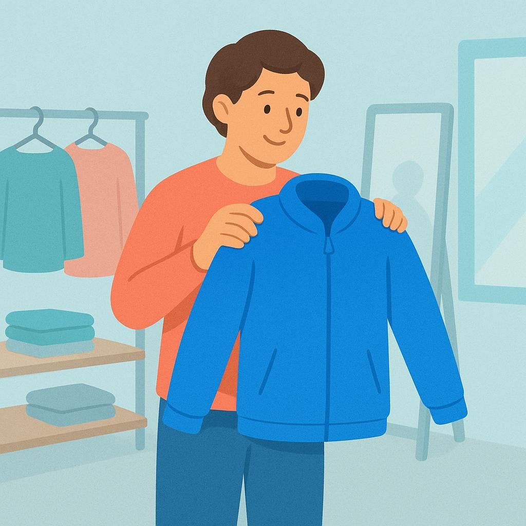 A cartoon person standing in a brightly lit room, holding a blue jacket against their body, preparing to try it on.