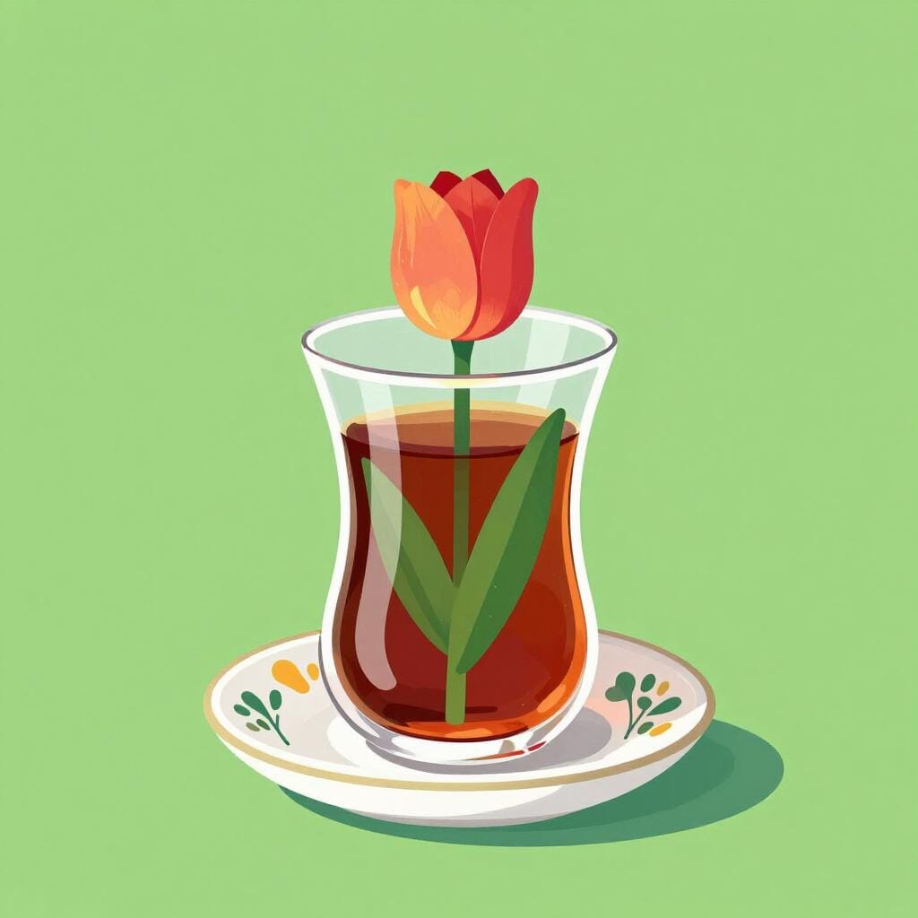 Uma xícara de chá âmbar em forma de tulipa num pratinho decorativo.