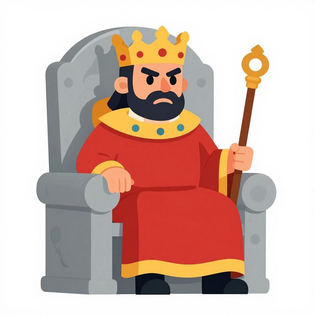 Un dirigeant sévère assis sur un trône élevé regardant les gens avec une expression dure.