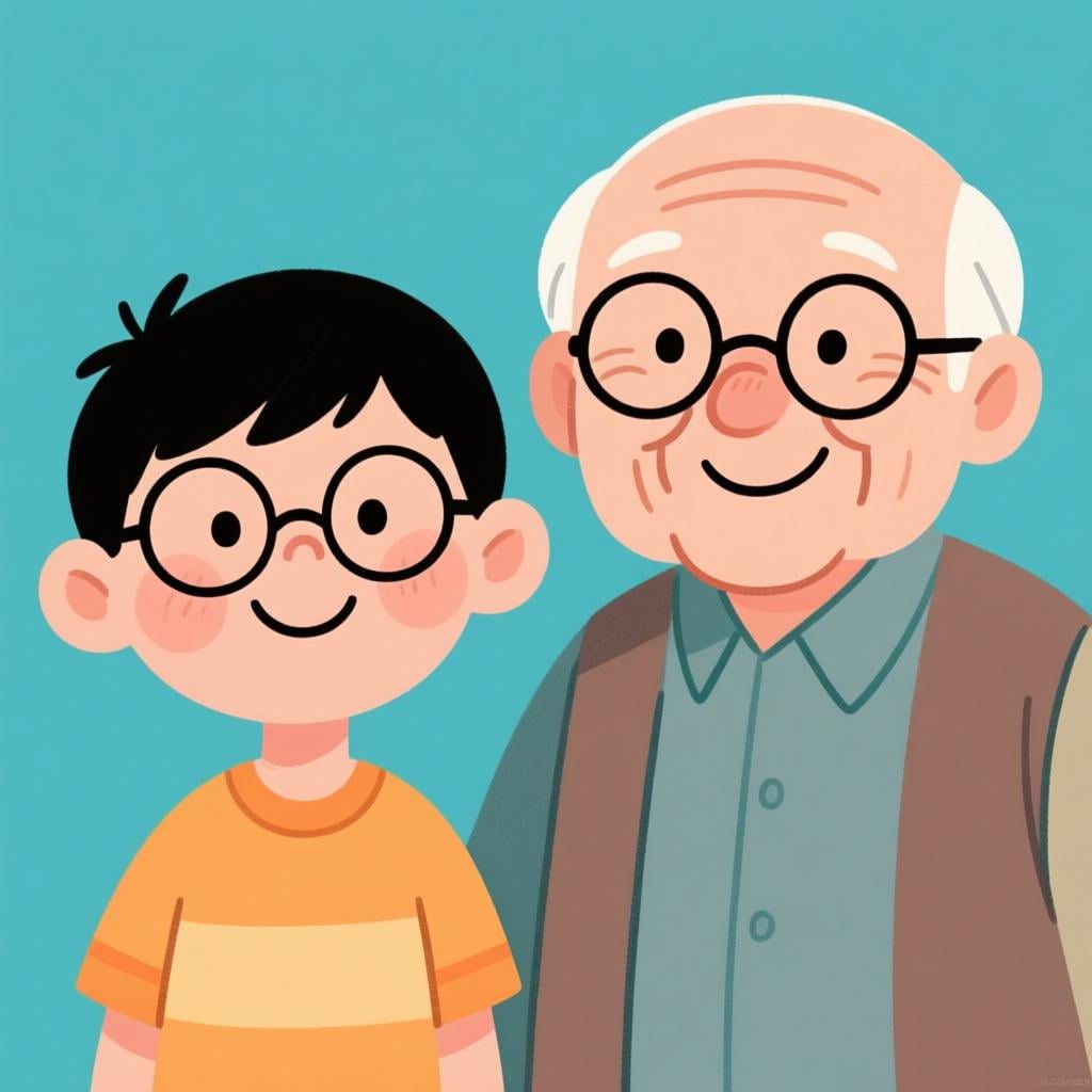 A young boy and an elderly man (his grandfather) standing side-by-side, both sharing the exact same friendly smile and wearing identical round glasses, showing a clear resemblance.