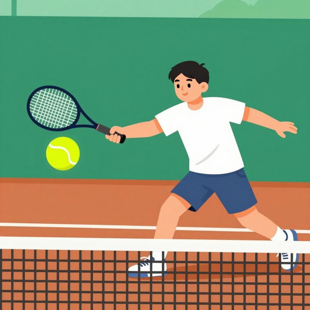 A tennis player swinging a racket to hit a tennis ball back over a net.