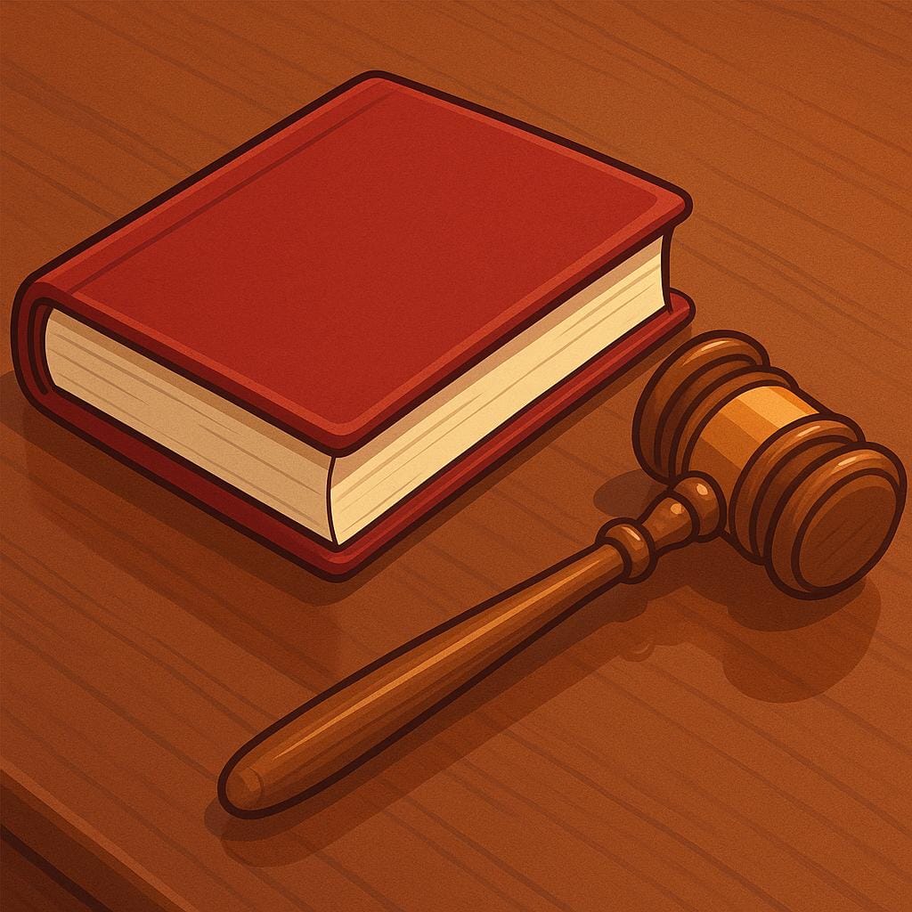A simple illustration of a large, wooden judge's gavel resting next to a thick, closed red law book on a polished wooden desk.