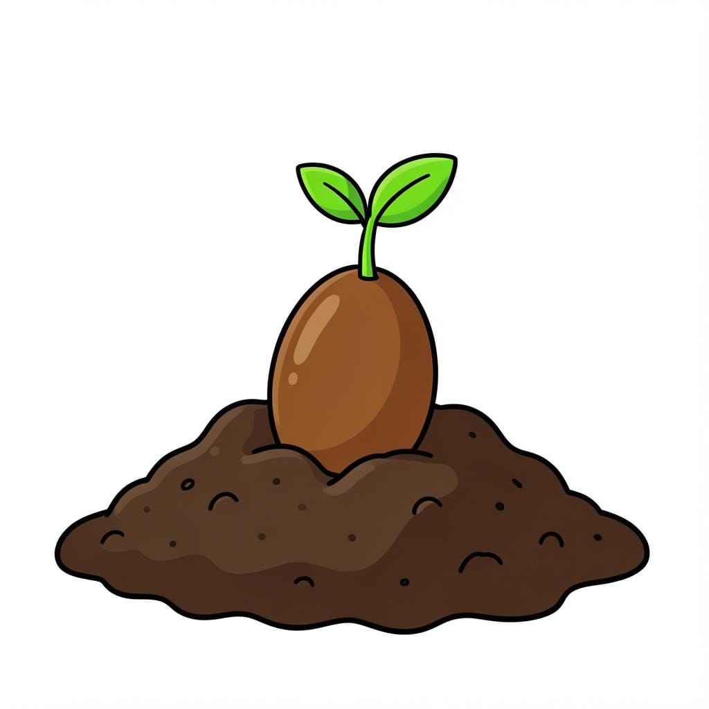A small brown seed resting in rich dark soil with a tiny green sprout beginning to emerge.
