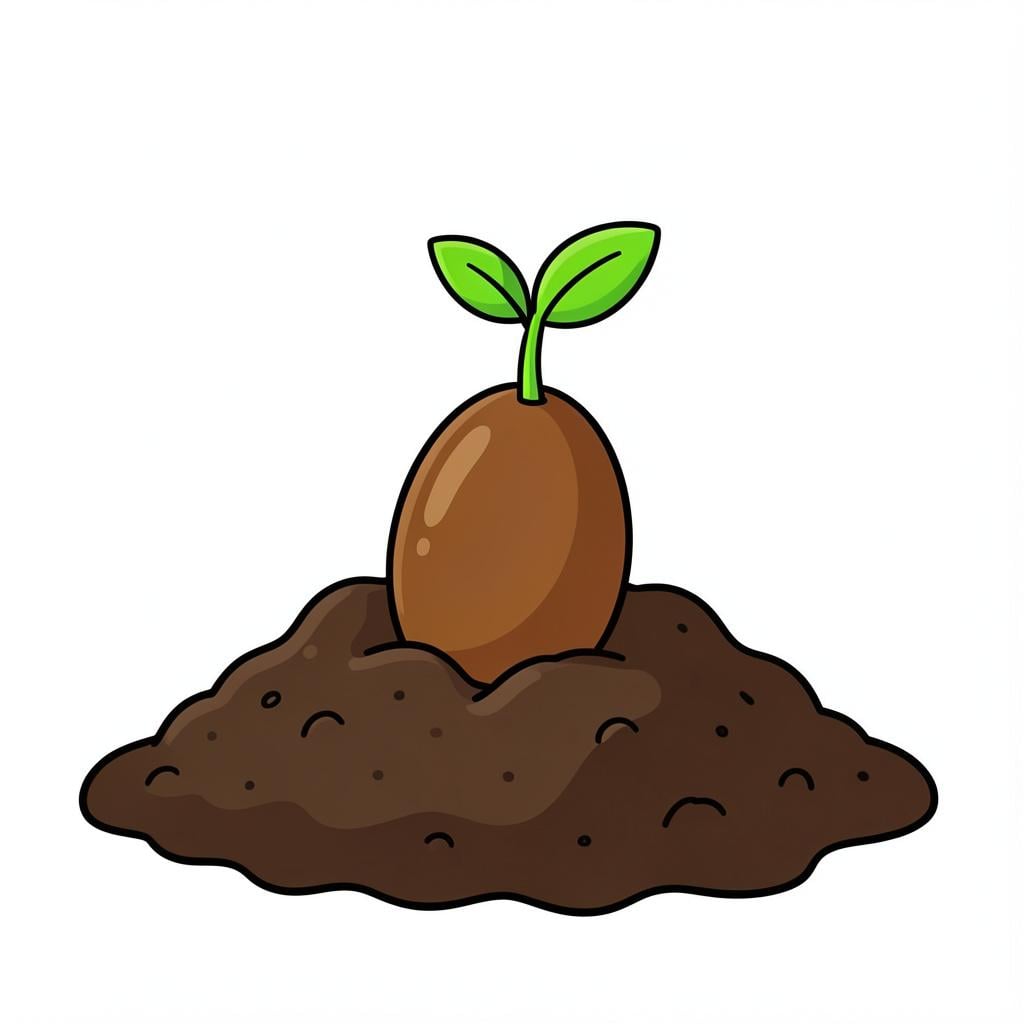 A small brown seed resting in rich dark soil with a tiny green sprout beginning to emerge.