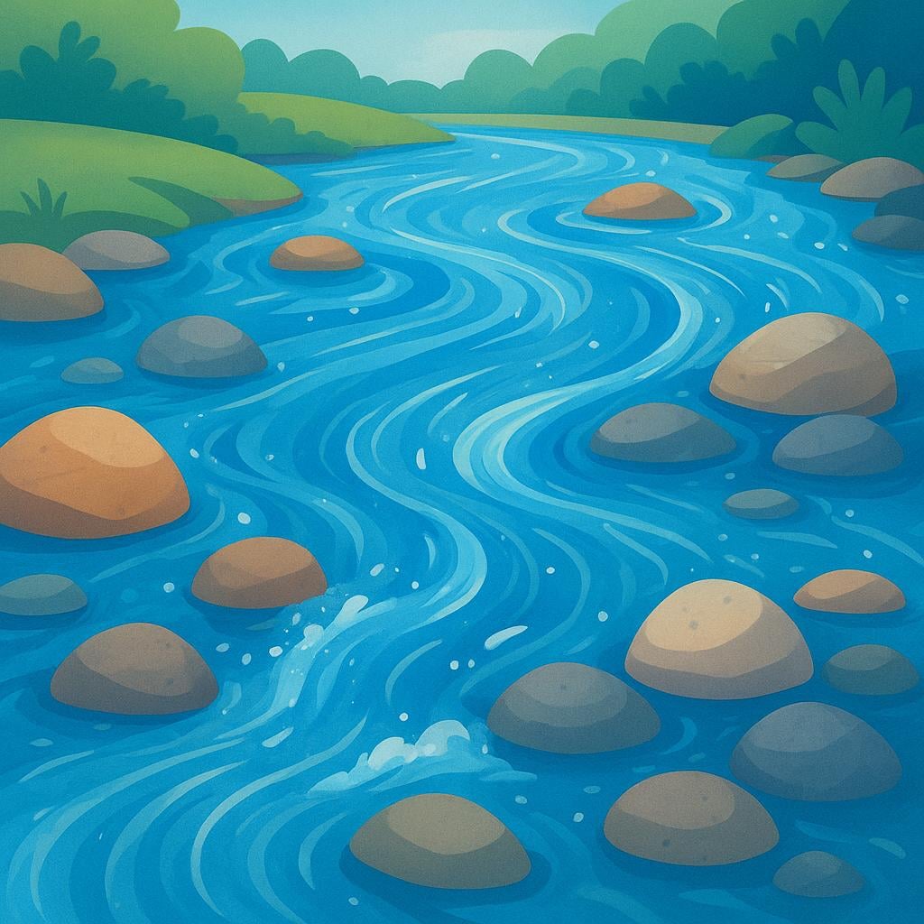 Clear blue water flowing rapidly over smooth river stones in a natural setting.