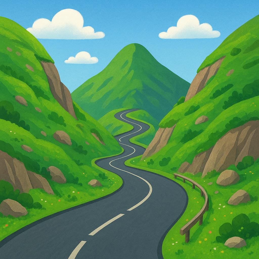 A narrow, winding paved road cutting through a deep valley between two steep, rocky mountains, illustrating a mountain pass.