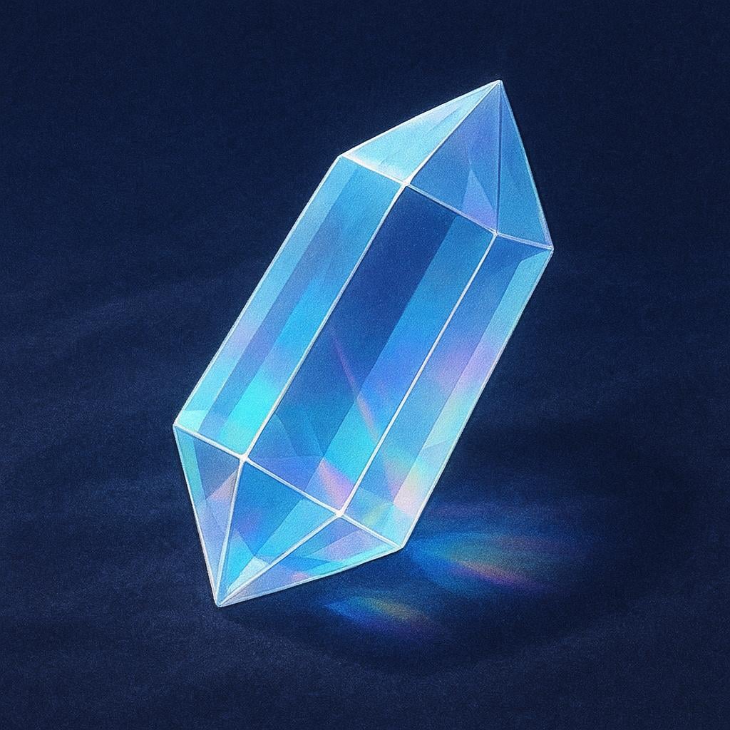 A single, large, cut crystal prism resting on a dark surface, catching light and showing subtle rainbow colors.