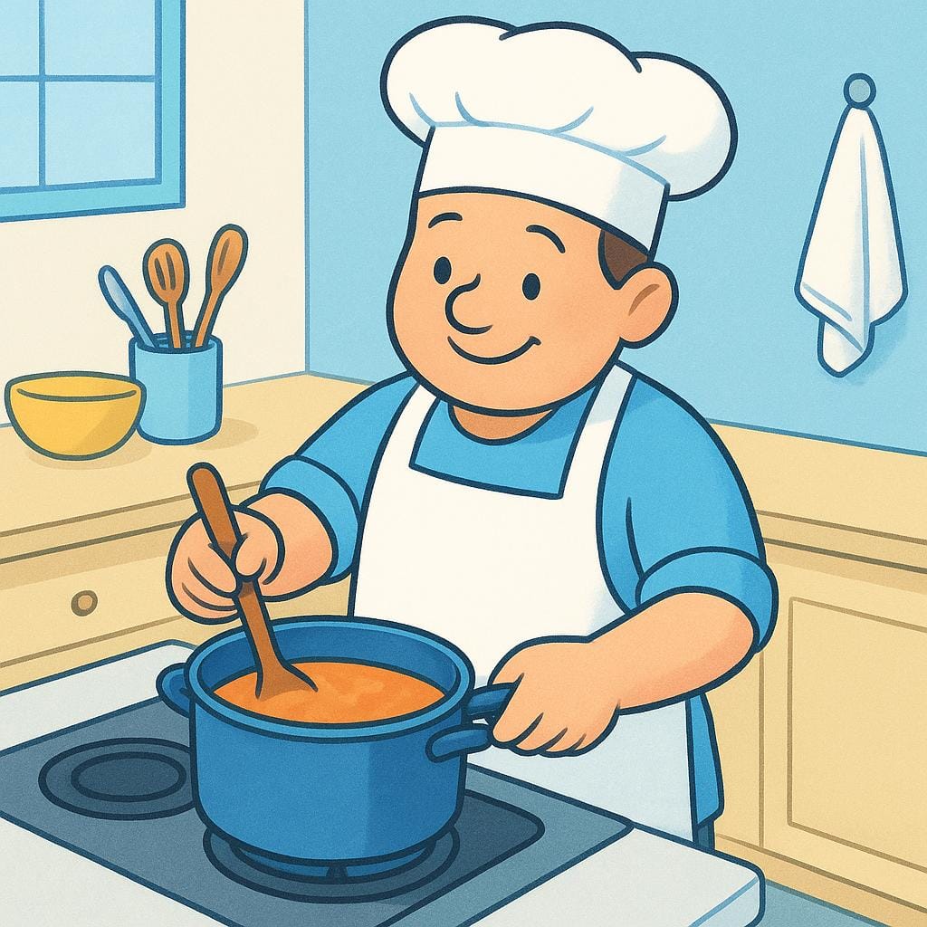 Une illustration de livre d'histoires montrant un chef souriant portant un chapeau blanc et un tablier, remuant une casserole sur une cuisinière dans une cuisine propre.