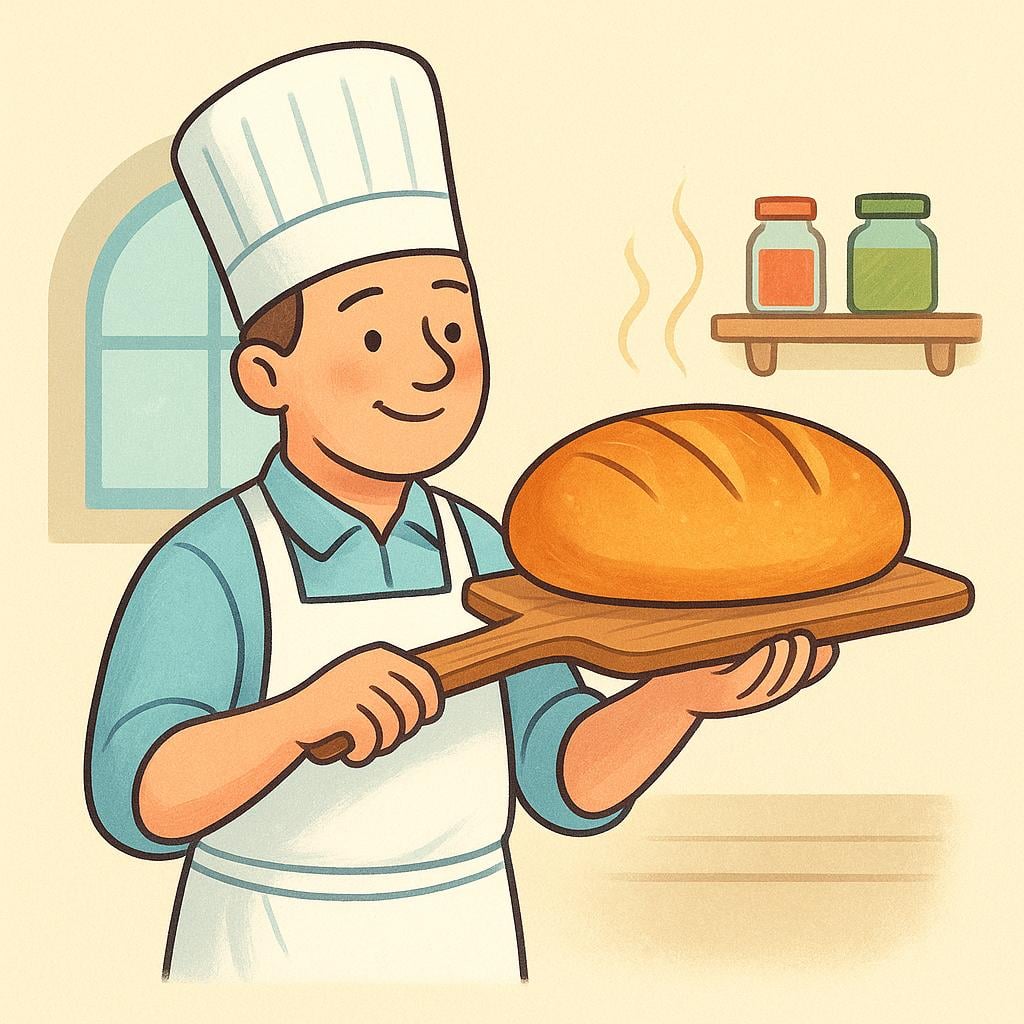 A baker presenting a perfect, golden loaf of bread on a wooden peel, illustrating a successful outcome or appearance.