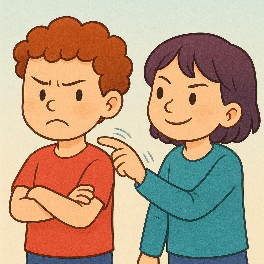 One person repeatedly pokes another person on the shoulder, causing the poked person to show an annoyed expression.