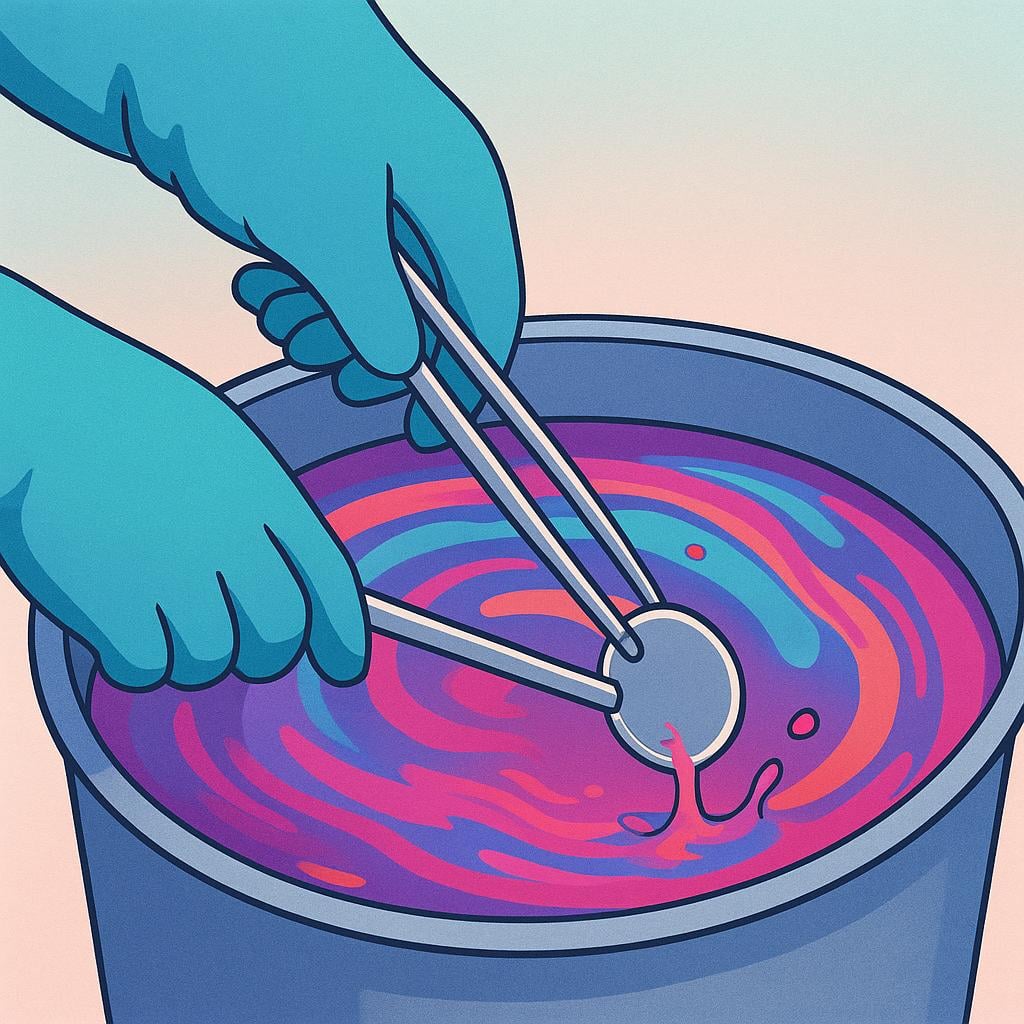 A person's hands, wearing protective gloves, hold a simple metal object with tongs and dip it into a vat of bubbling, colorful liquid to apply a surface coating.