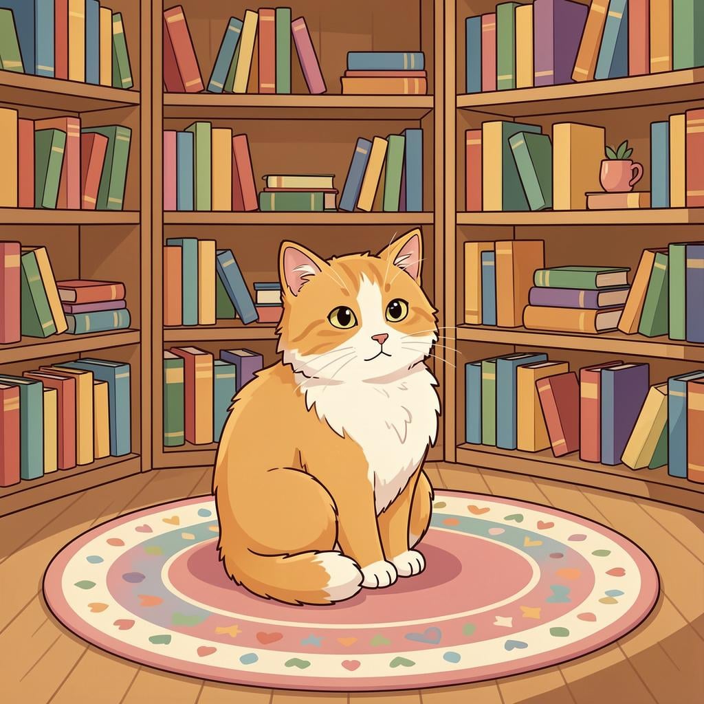 A fluffy cat sitting peacefully on a soft rug in a quiet library filled with books.