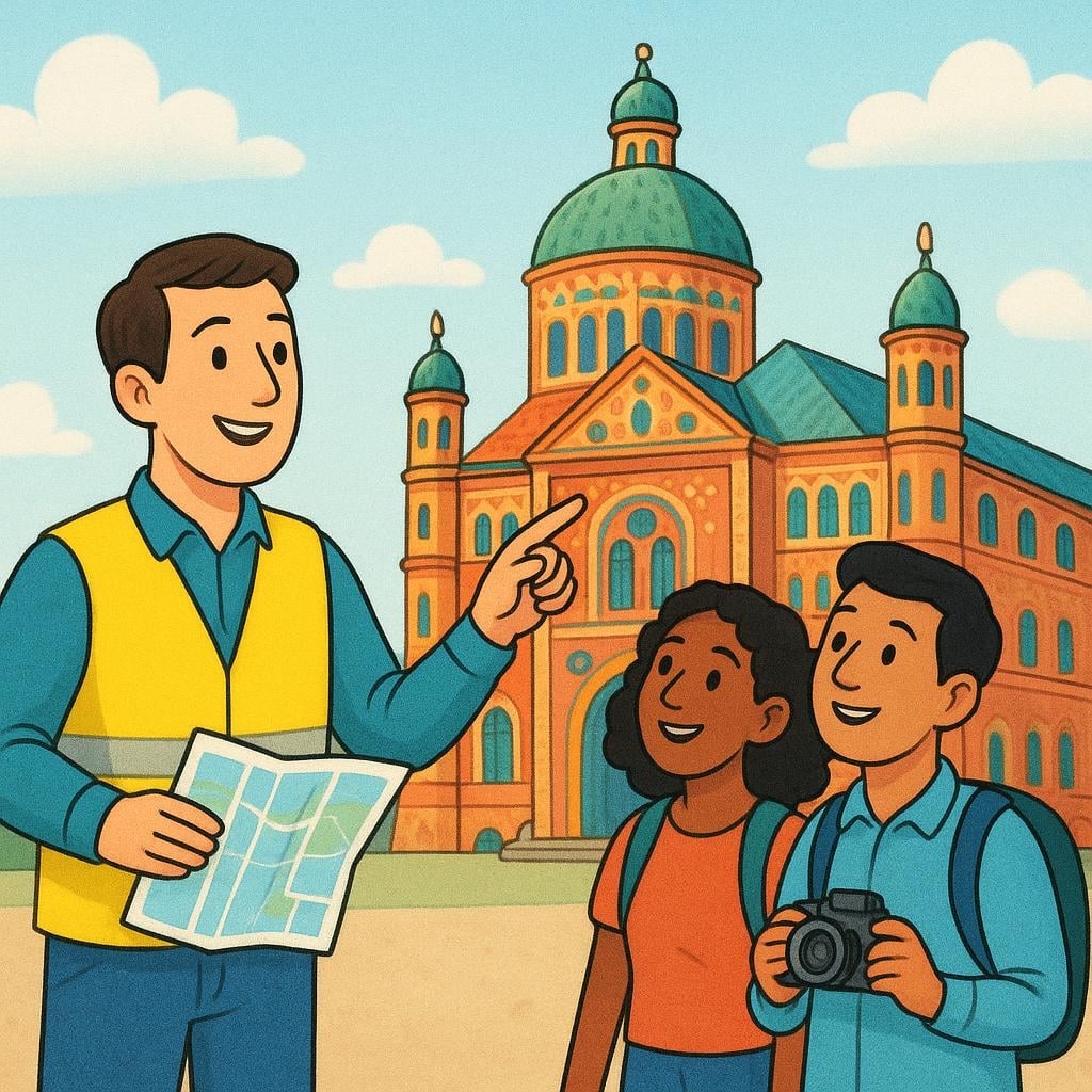 A small group of tourists standing in front of a large, colorful historical monument, listening intently to a guide who is pointing upwards.