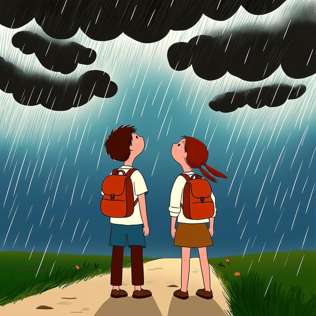 Two hikers standing on a path, looking up nervously at an extremely dark, heavy sky, suggesting they must be about to experience rain based on the evidence.