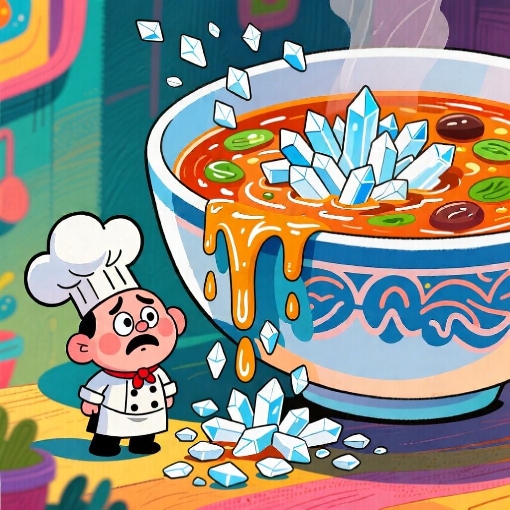 Ein kleiner, freundlicher Zeichentrickkoch schaut bekümmert auf eine riesige Schüssel Suppe, die überquillt mit Salzkristallen, die über den Rand der Schüssel verschüttet wurden.