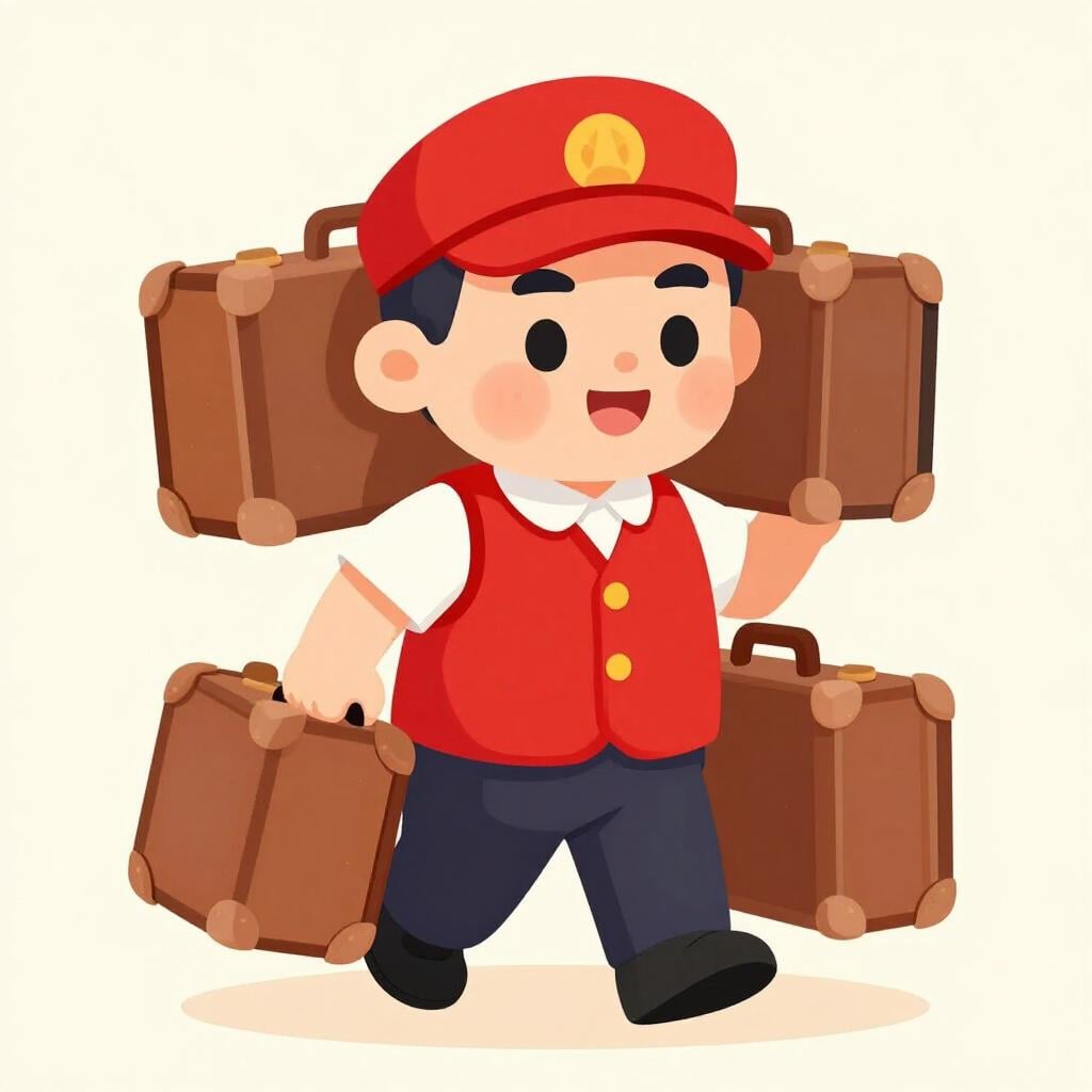 A person in a uniform carrying a heavy suitcase in each hand.