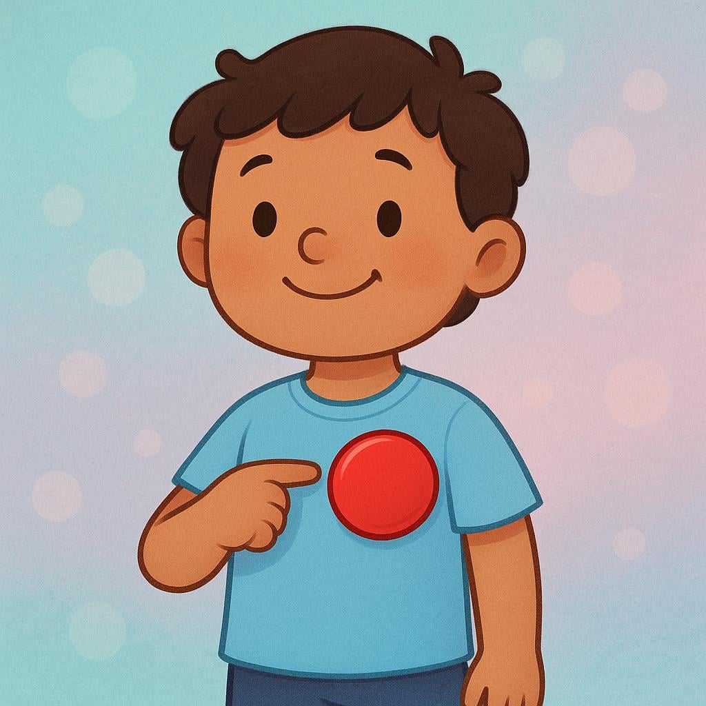 A child standing proudly and pointing to a brightly colored, blank circular badge pinned on their chest, symbolizing self-identification.