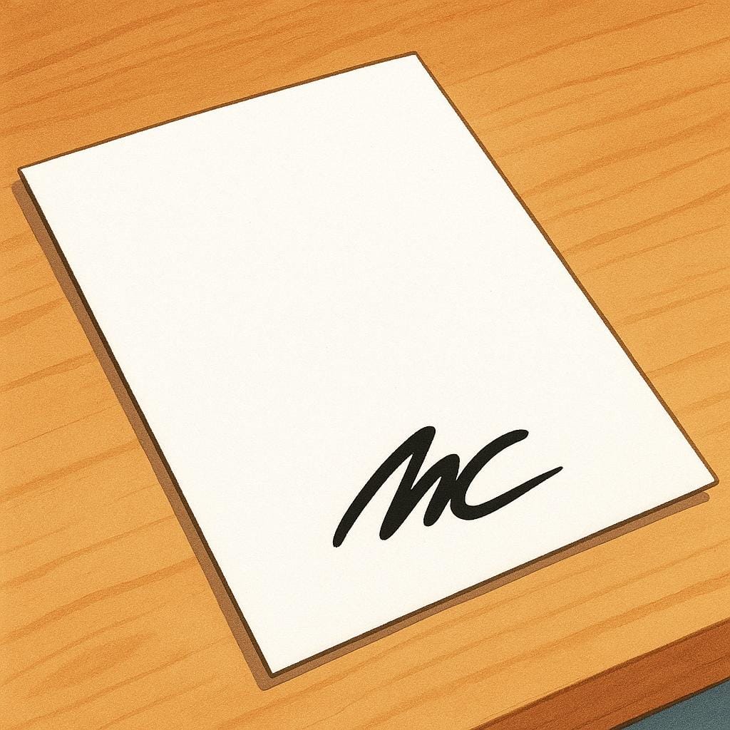 Eine Nahaufnahme eines weißen Blatt Papiers, das flach auf einer Holzoberfläche liegt und nahe dem unteren Rand eine deutliche, abstrakte schwarze Kritzelei einer Unterschrift zeigt.