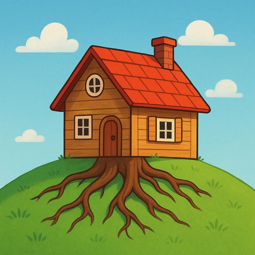 Een charmant, klein houten huis met een rood dak staat op een groene heuvel, met gestileerde, dikke wortels die zichtbaar het huis in de grond verankeren, wat erfgoed symboliseert.