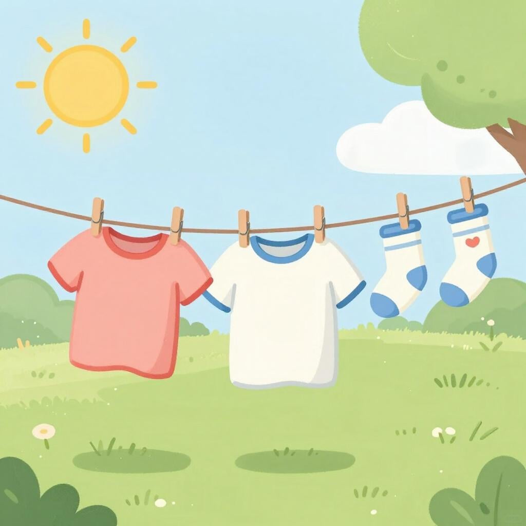 Colorful clothes hanging on a string between two poles in a sunny yard.